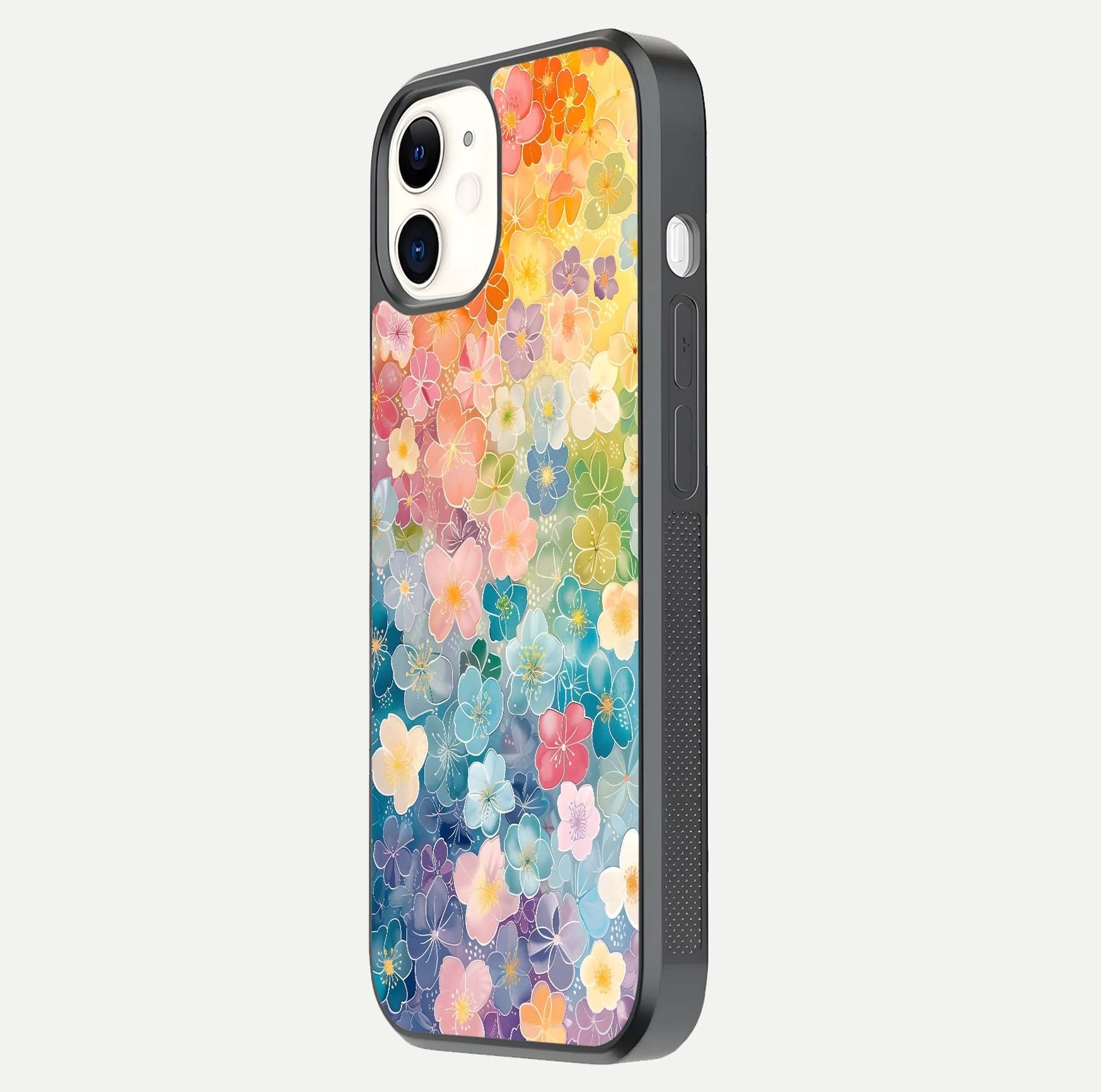 Rainbow Blossom Burst Glass Case for iphone-12 side-angle image showing reflection and floral burst detail