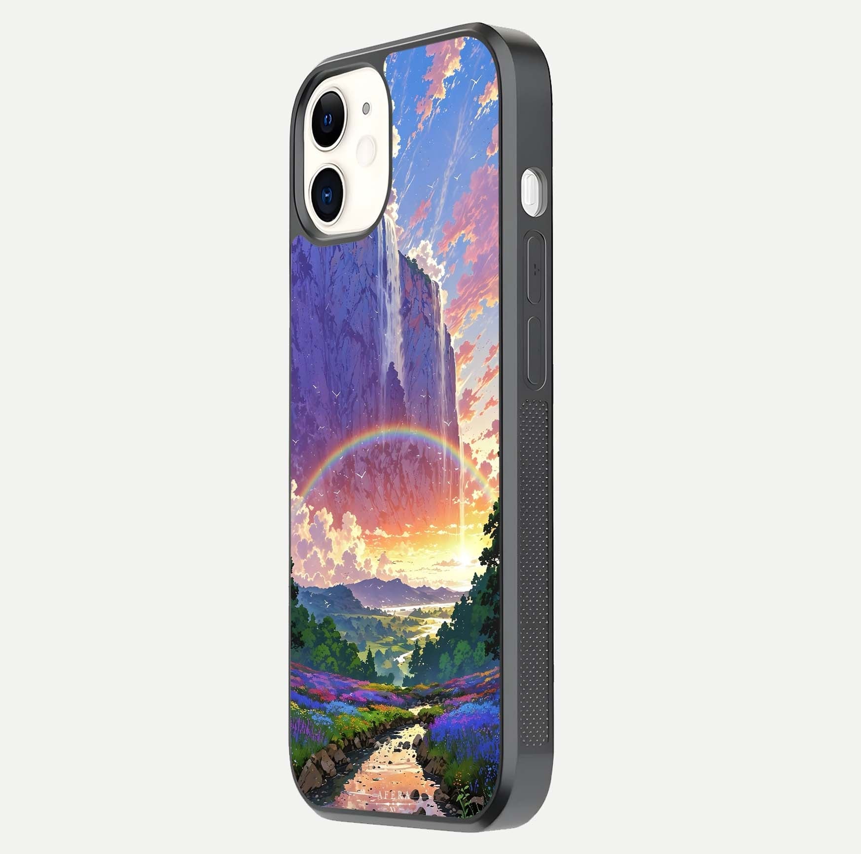 Rainbow Valley Dream Glass Case for iPhone 16 Pro side-angle image showing light reflection and scenic tones