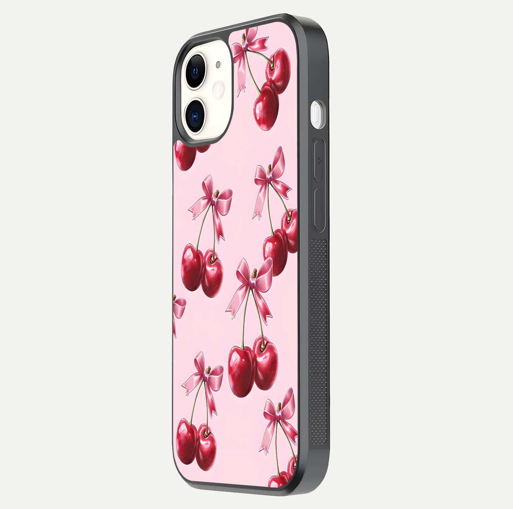 Red Cherries Pattern Glass Case for iphone-12 side-angle image showing gloss surface and cherry details
