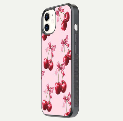Red Cherries Pattern Glass Case for iphone-12 side-angle image showing gloss surface and cherry details