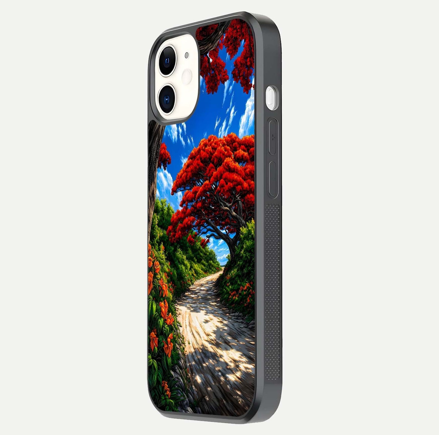 Red Trees Pathway Glass Case for iphone-12 side-angle image showing reflection and autumn vibe