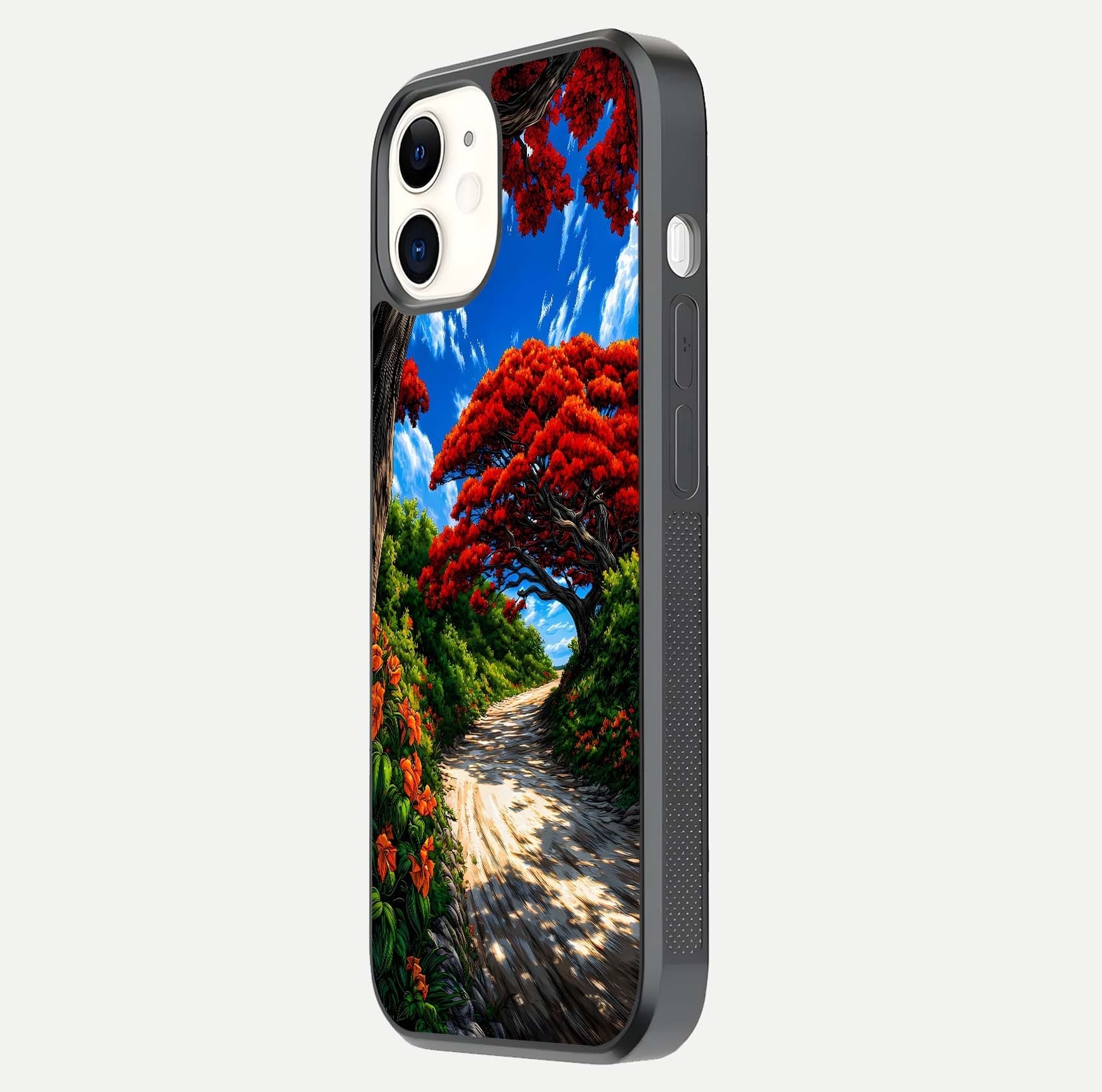 Red Trees Pathway Glass Case for iphone-12 side-angle image showing reflection and autumn vibe