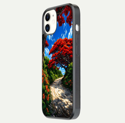 Red Trees Pathway Glass Case for iphone-12 side-angle image showing reflection and autumn vibe