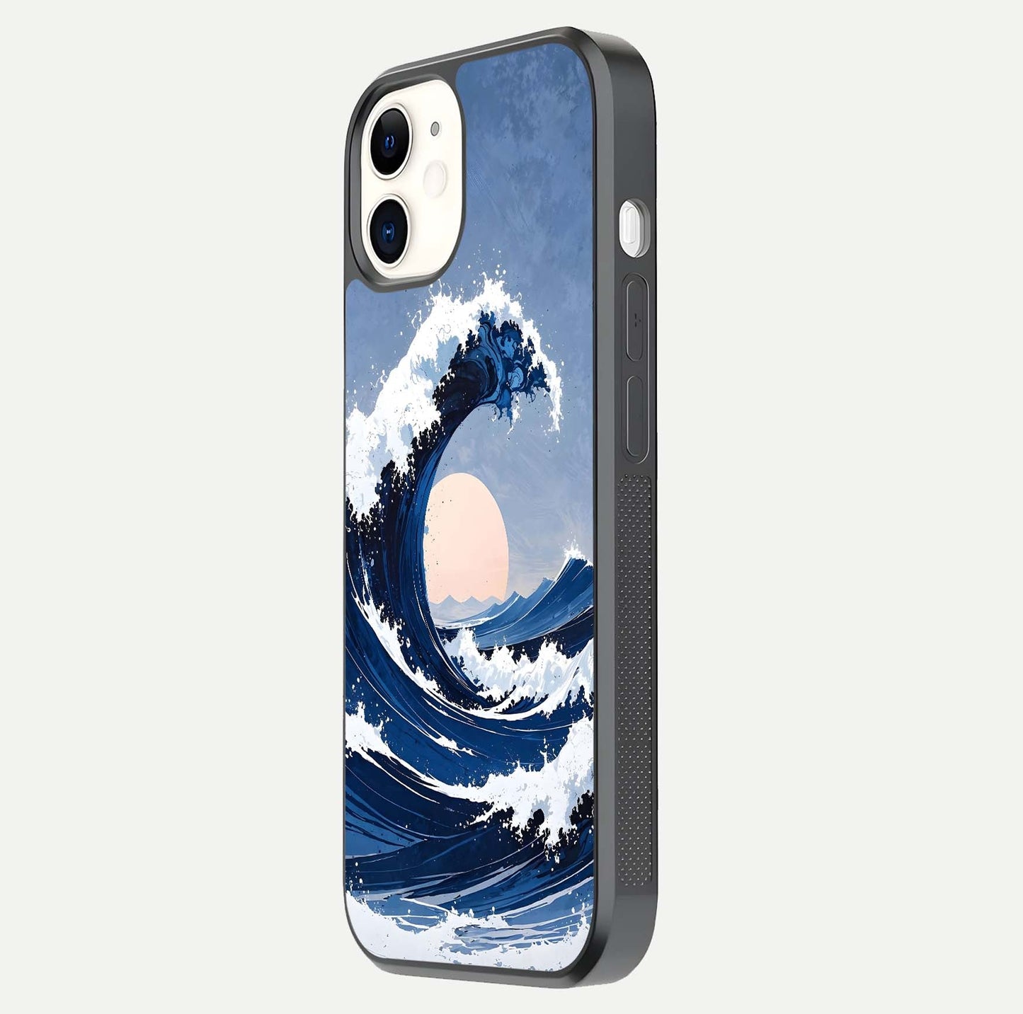 Rising Tide Power Glass Case for iphone-12 side-angle image showing shine and detailed ocean art
