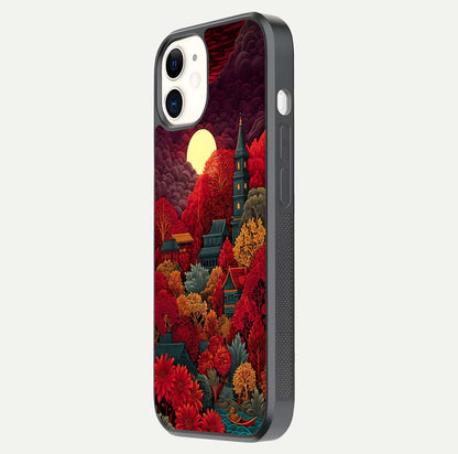 Scarlet Autumn Temple Glass Case for iphone-12 side-angle image showing color depth and reflection clarity