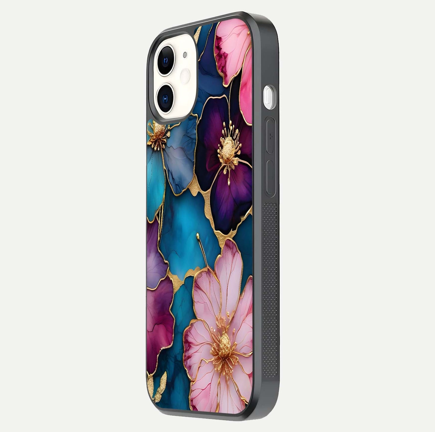 Sparkle Floral Glass Case for iphone-12 side-angle image showing reflection, gloss, and floral texture