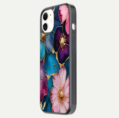 Sparkle Floral Glass Case for iphone-12 side-angle image showing reflection, gloss, and floral texture