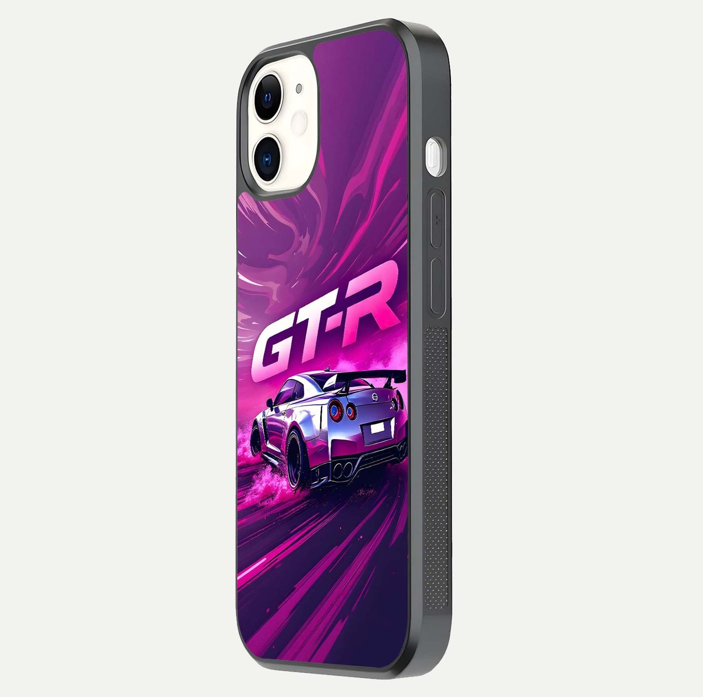Speed Drift Legend Glass Case for iphone-12 side-angle image showing car print reflection and surface gloss