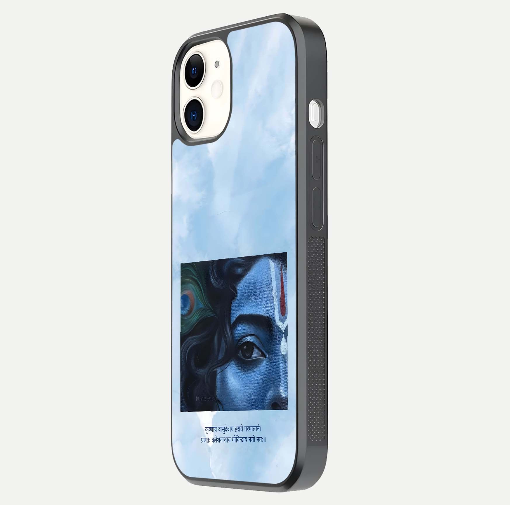 Spiritual Krishna Glass Case for iPhone 16 Pro side-angle image showing reflection and vivid artwork clarity