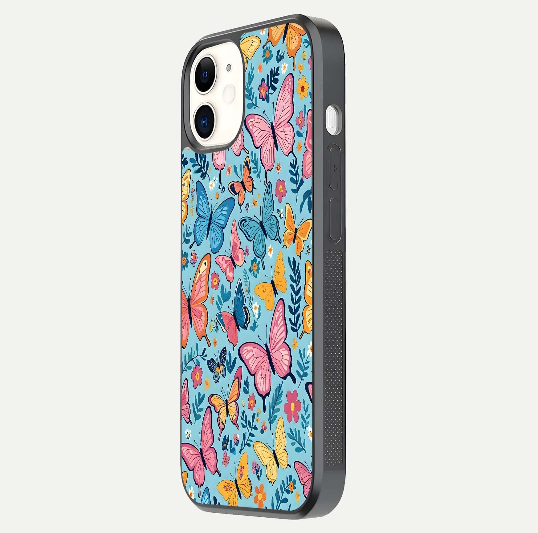 Spring Wing Garden Glass Case for iphone-12 side-angle image showing shine, color, and pattern depth