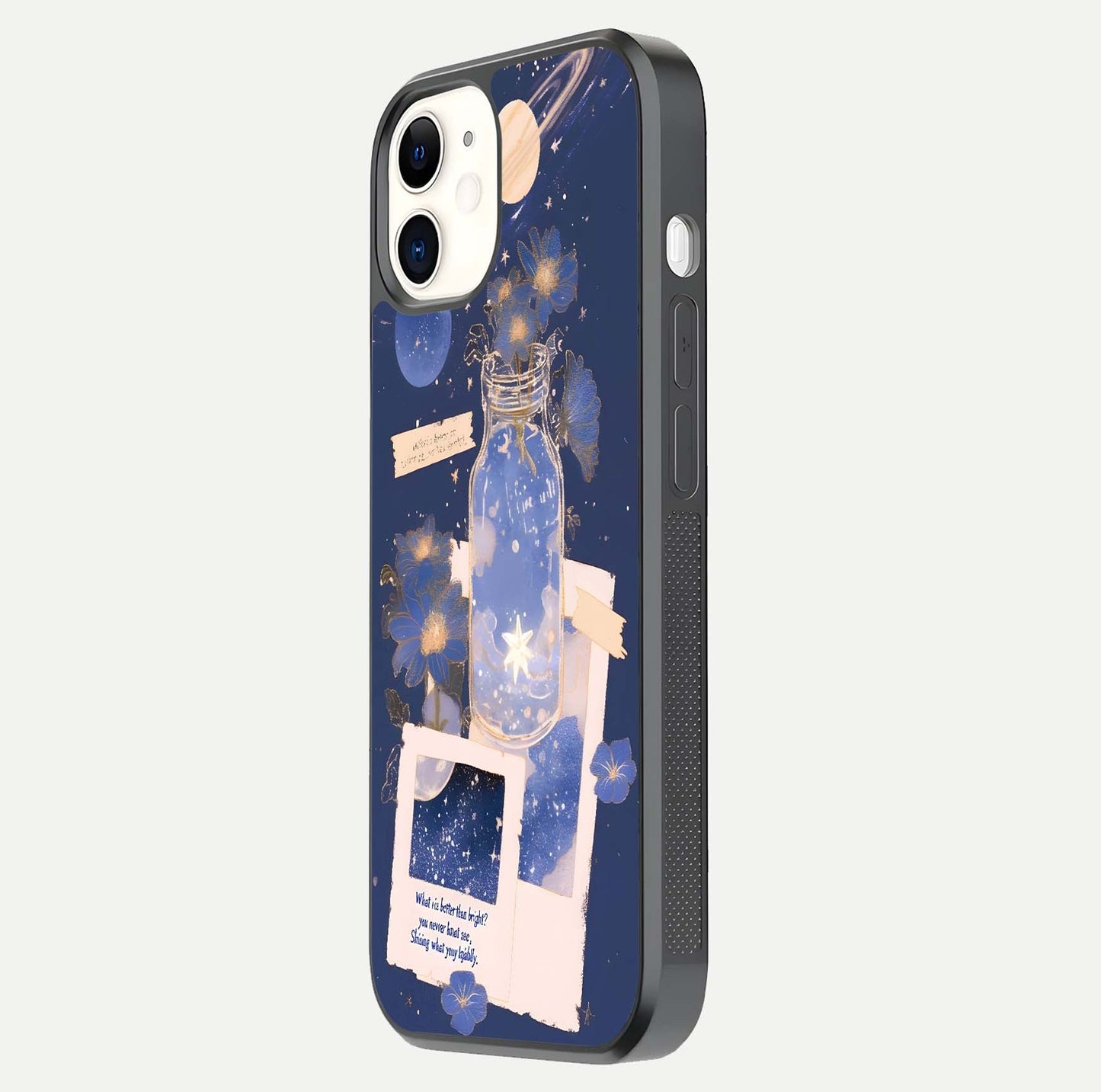 Starlit Cosmic Jar Glass Case for iphone-12 side-angle image showing glow, texture, and light reflection