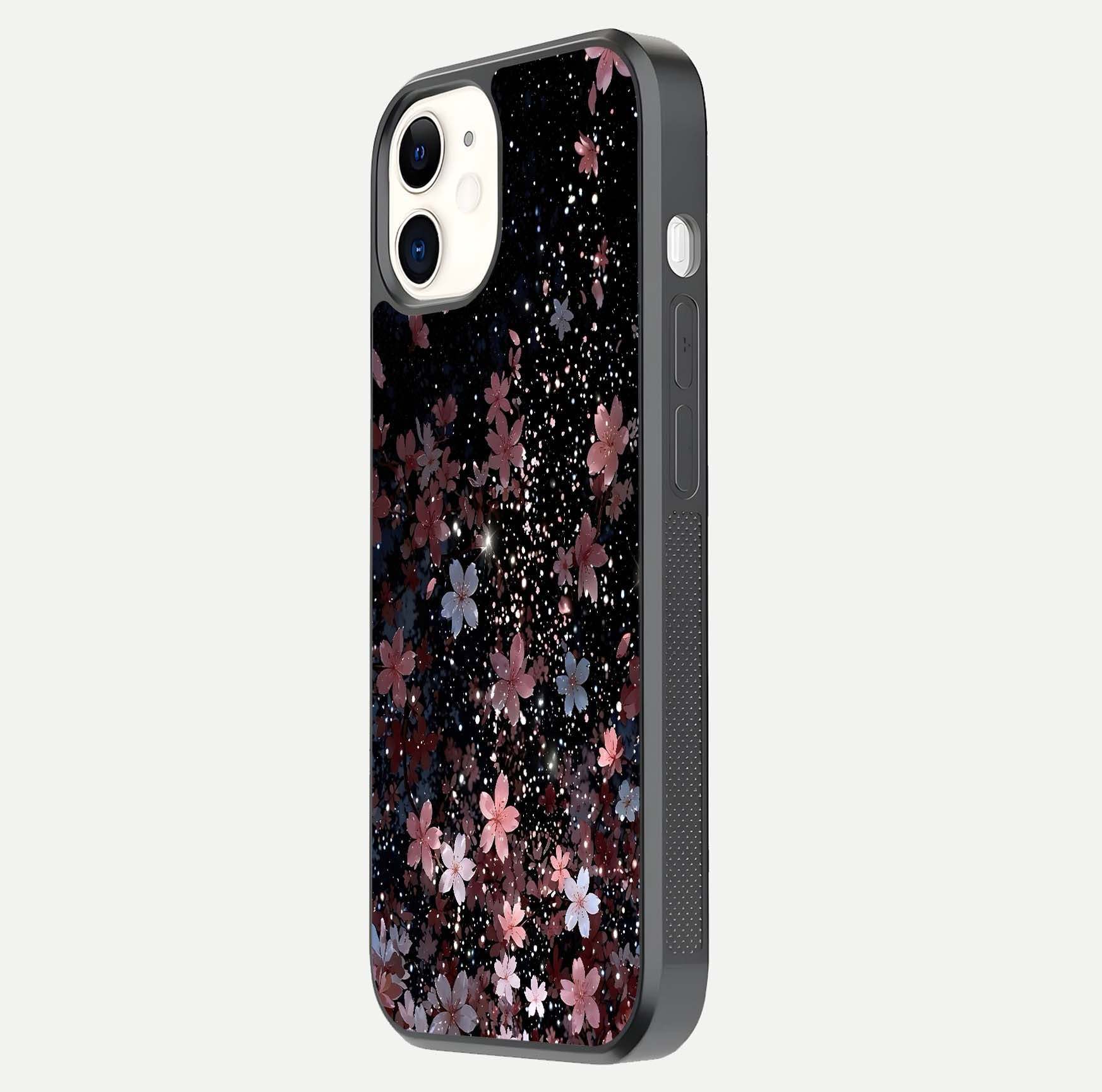 Starlit Flower Dreams Glass Case for iphone-12 side-angle image showing shine, edge detail, and floral contrast