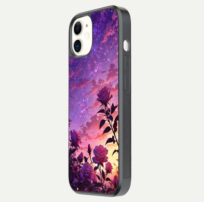 Starlit Rose Twilight Glass Case for iphone-12 side-angle image showing reflection and petal contrast