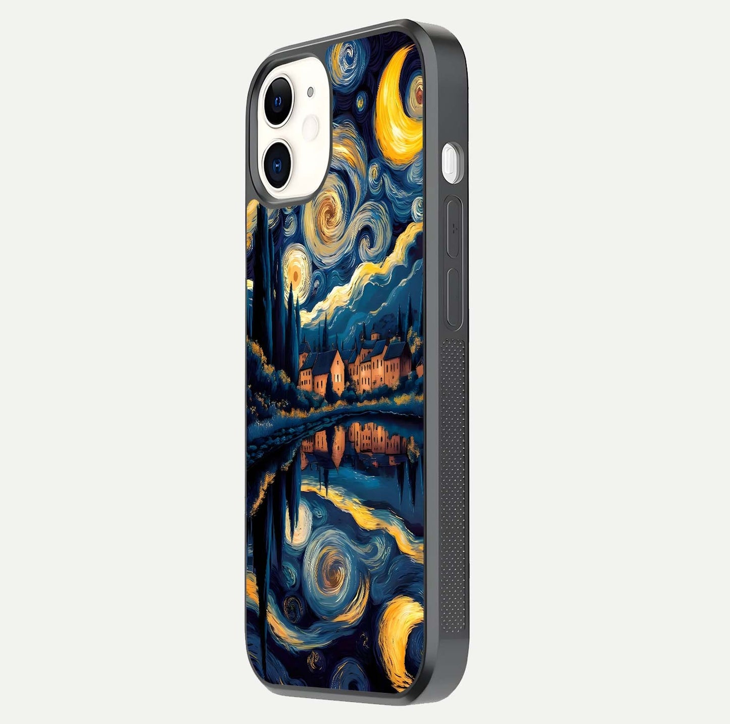 Starry Sky Serenity Glass Case for iphone-12 side-angle image showing reflection and night-sky detail