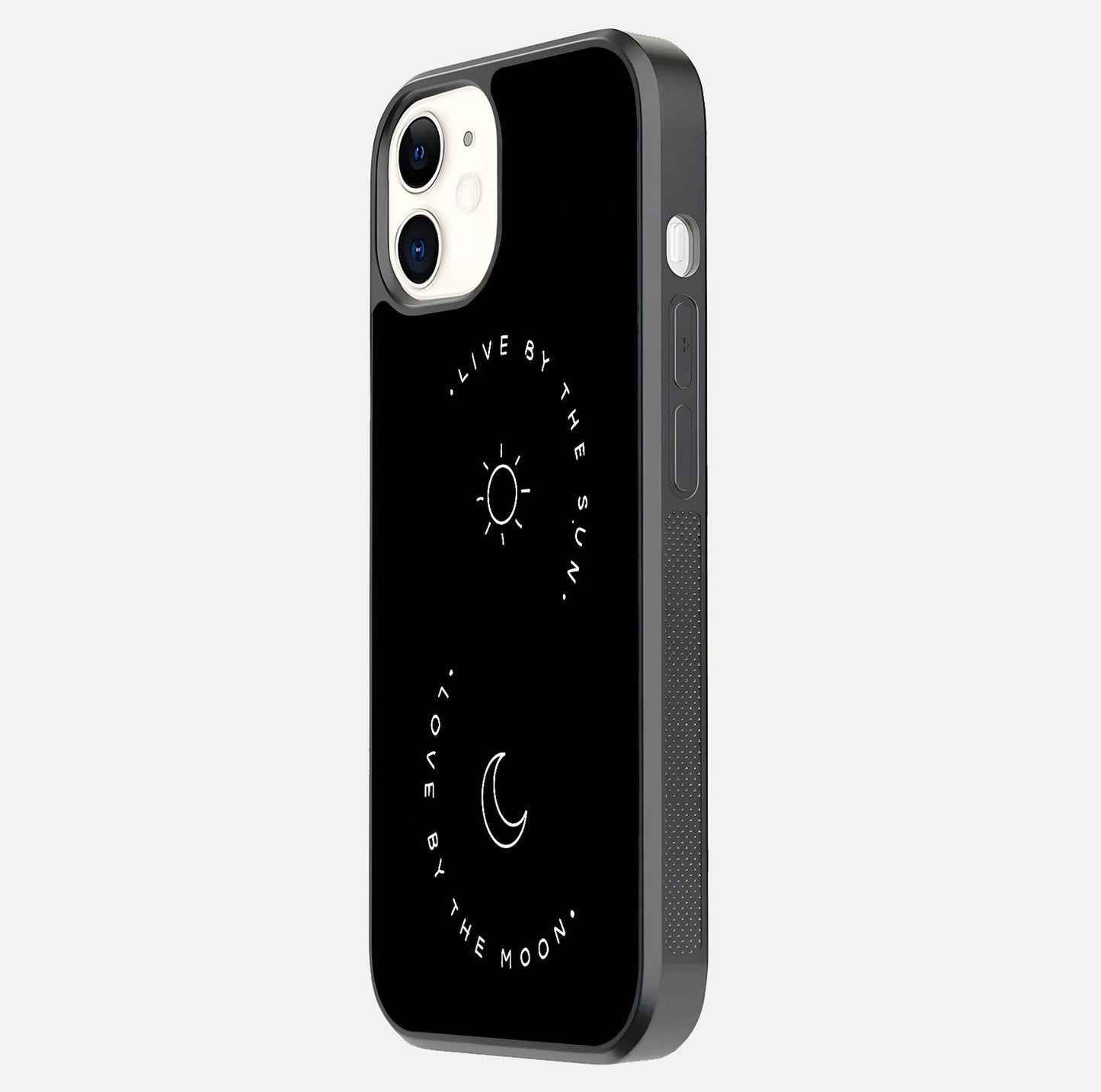 Sun Moon Balance Glass Case for iphone-12 side-angle image showing reflection and celestial detailing