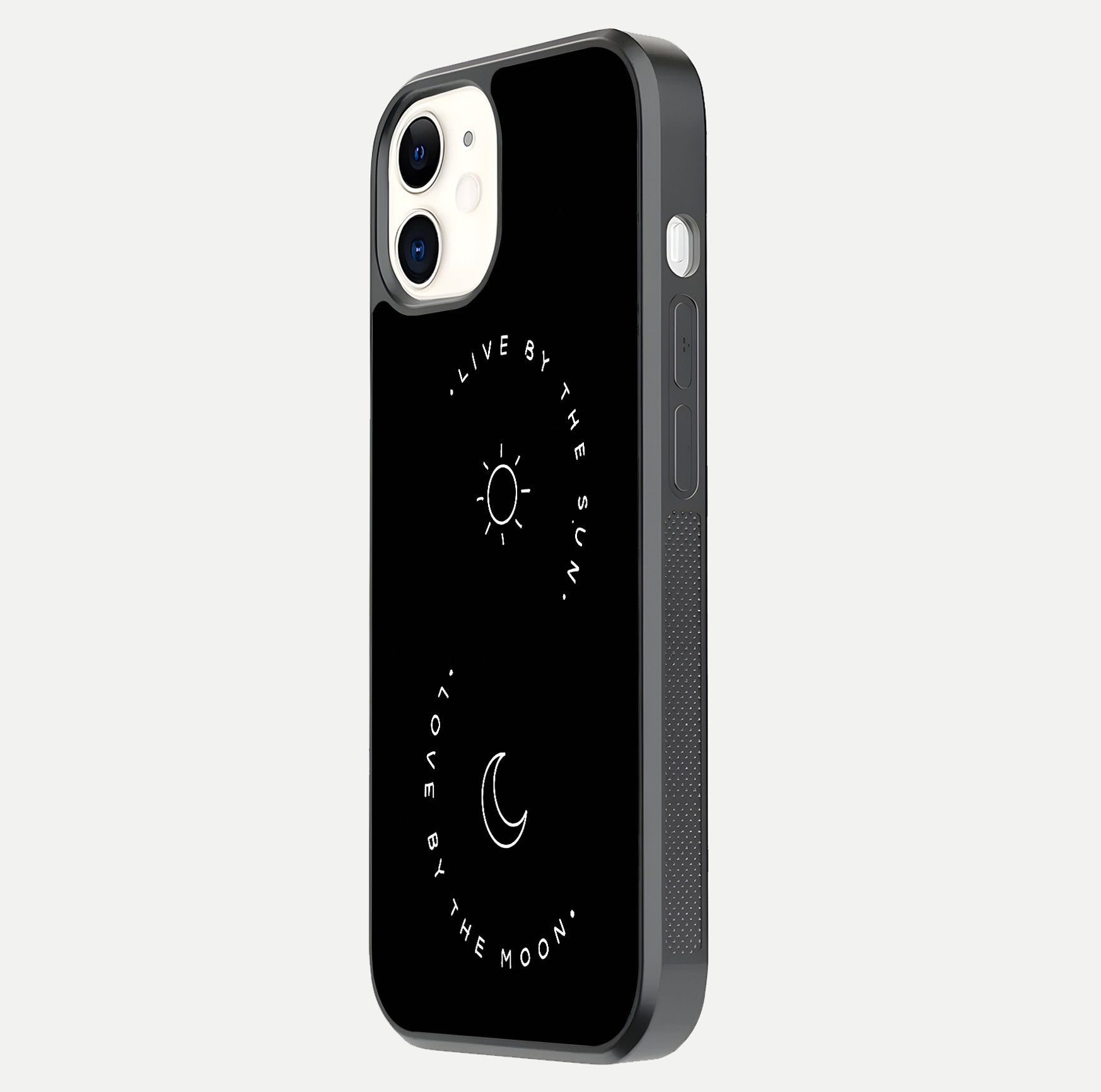 Sun Moon Balance Glass Case for iphone-12 side-angle image showing reflection and celestial detailing