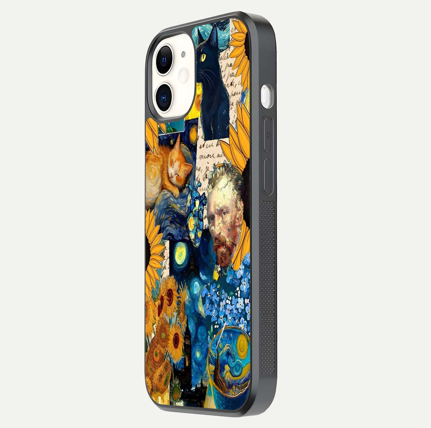 Sunflower Cat Art Glass Case for iphone-12 side-angle image showing shine, edges, and sunflower texture