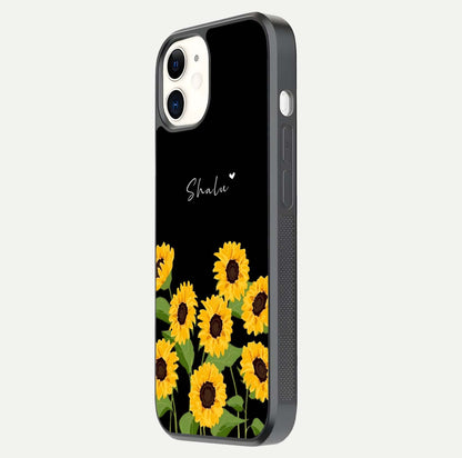 Sunflower Chic Mood Custom Name Glass Case for iPhone 16 Pro side-angle image showing reflection and yellow floral tone