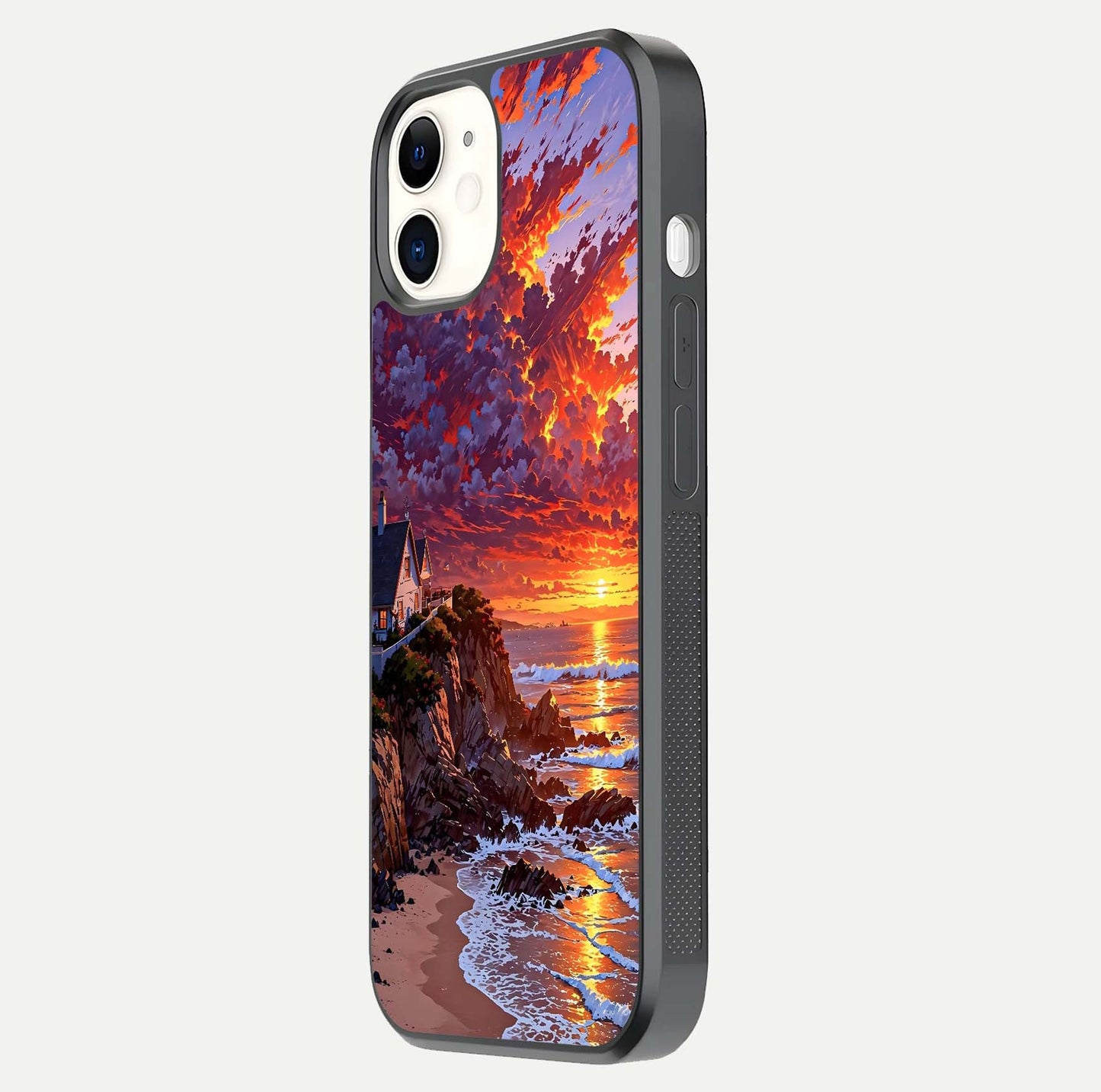 Sunset House by Sea Glass Case for iphone-12 side-angle image showing reflection and seaside color tone