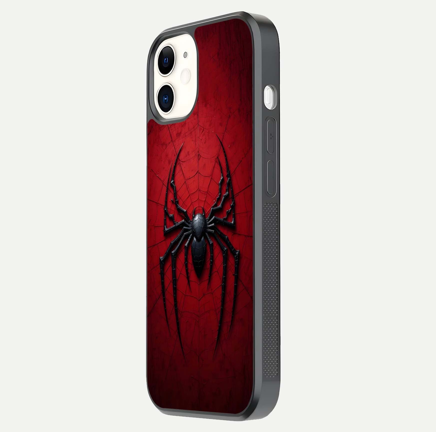 Venom Web Emblem Glass Case for iphone-12 side-angle image showing reflection and dark color tones