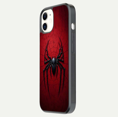 Venom Web Emblem Glass Case for iphone-12 side-angle image showing reflection and dark color tones