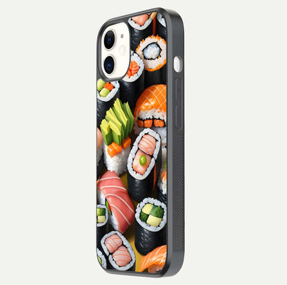 Sushi Food Pattern Glass Case for iphone-12 side-angle image showing shine, gloss, and sushi artwork