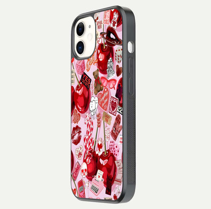 Sweet Cherry Chaos Glass Case for iphone-12 side-angle image showing shine, gloss, and cherry details