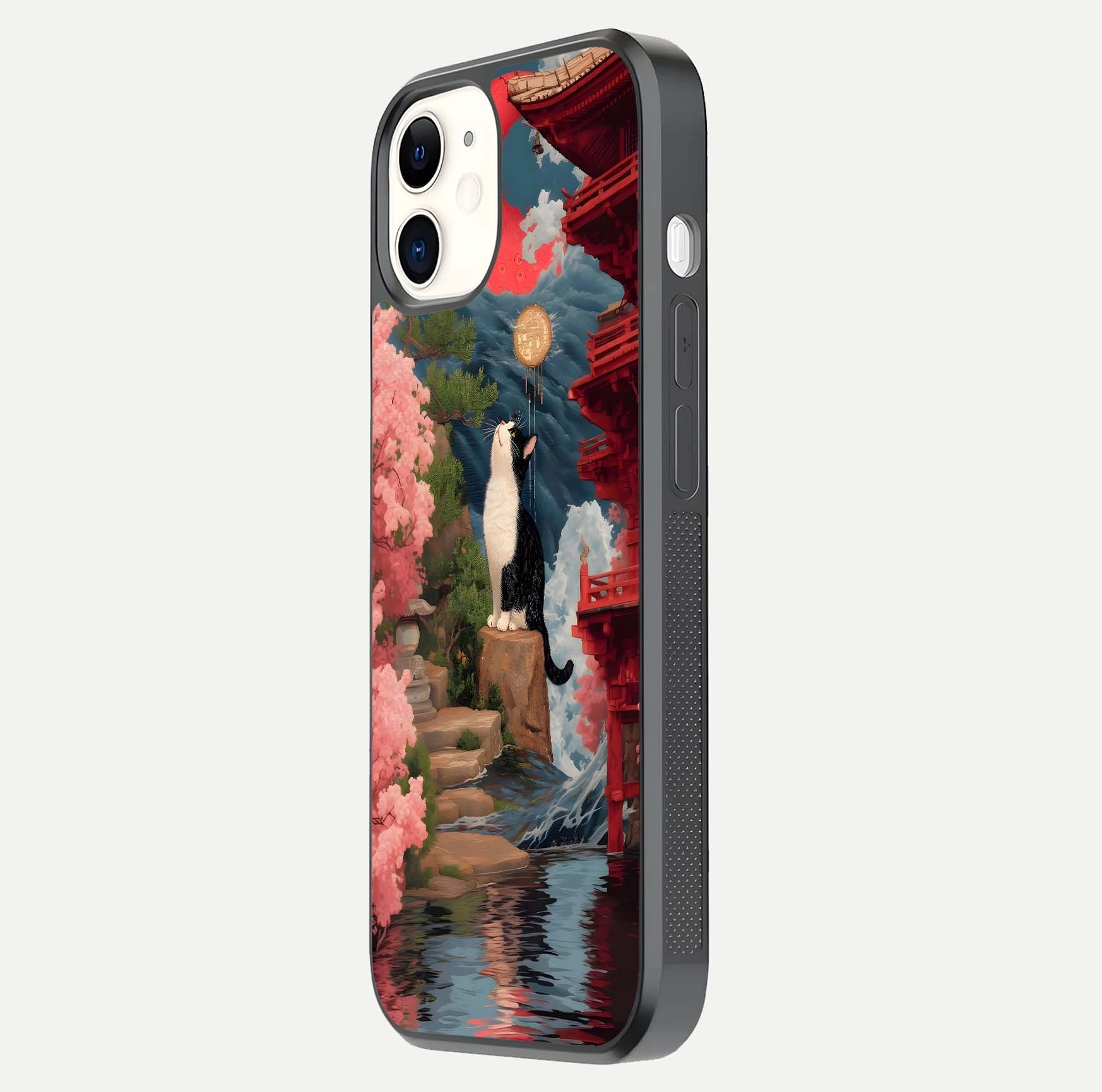 Temple Cat Scenery Glass Case for iphone-12 side-angle image showing shine and printed temple pattern