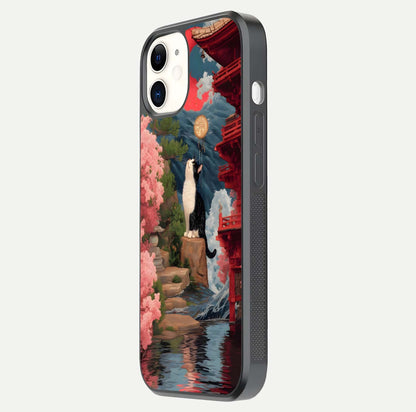 Temple Cat Scenery Glass Case for iphone-12 side-angle image showing shine and printed temple pattern