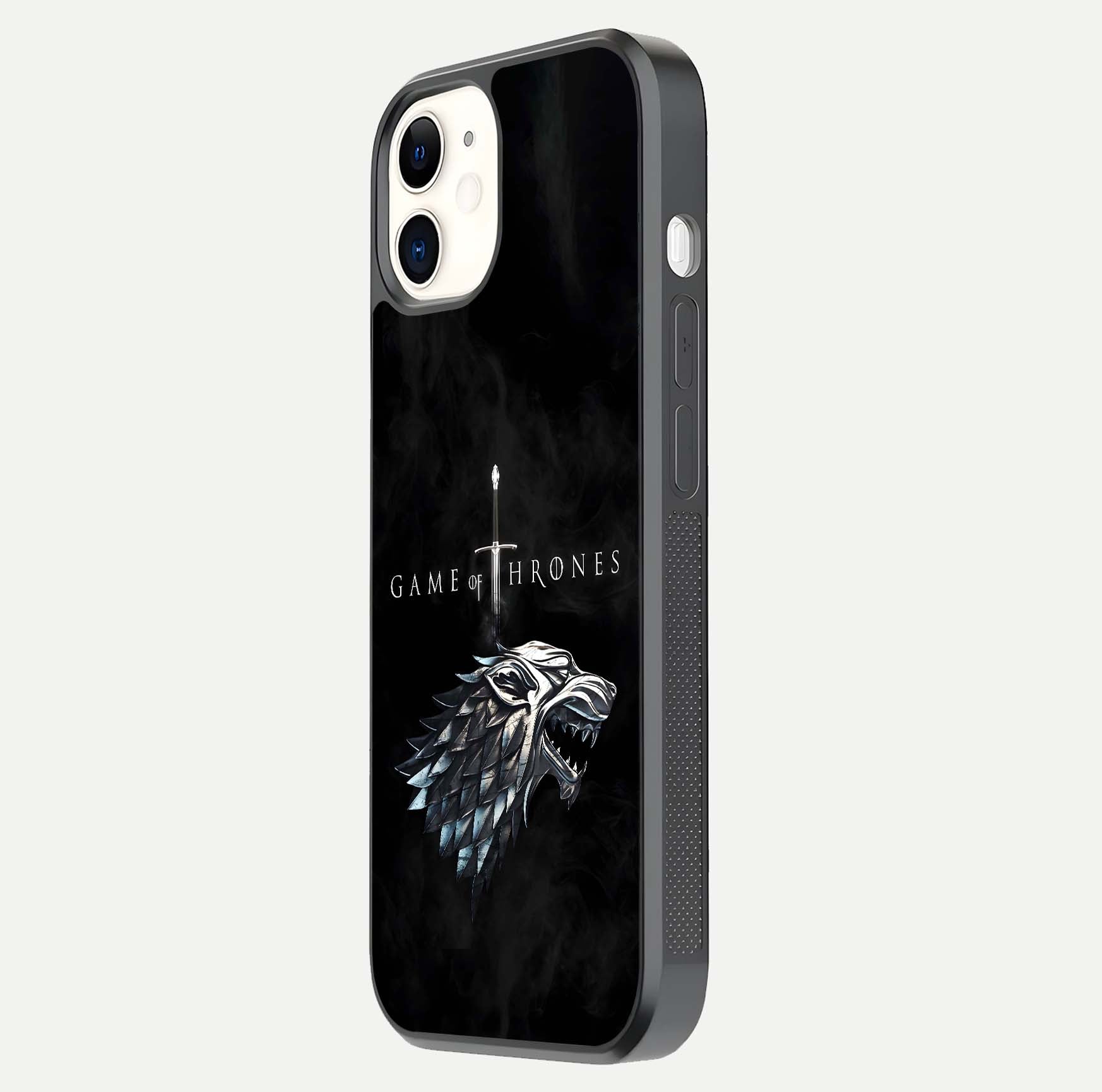 Throne Wolf Legacy Glass Case for iphone-12 side-angle image showing gloss, texture, and HD print