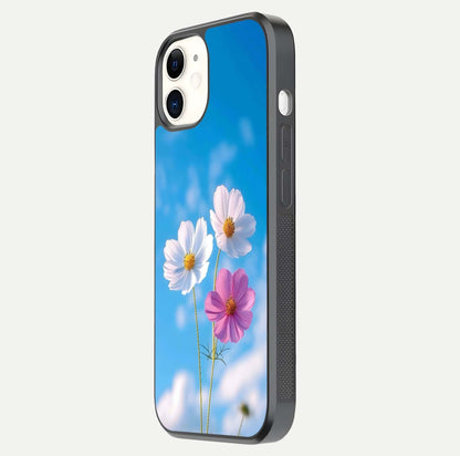 Triple Flowers With Sky Glass Case for iphone-12 side-angle image showing gloss, texture, and floral design