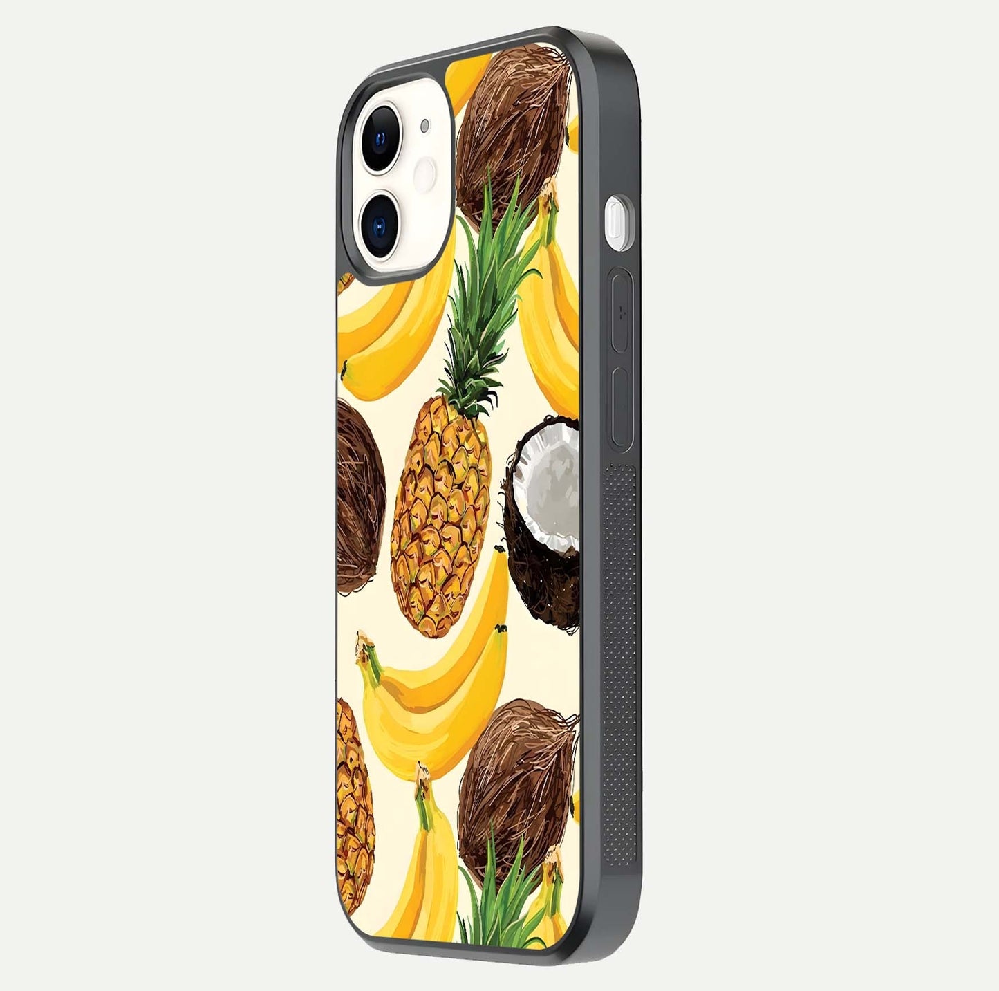 Tropical Fruit Mood Glass Case for iphone-12 side-angle image showing reflection, gloss, and fruit details