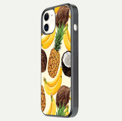 Tropical Fruit Mood Glass Case for iphone-12 side-angle image showing reflection, gloss, and fruit details