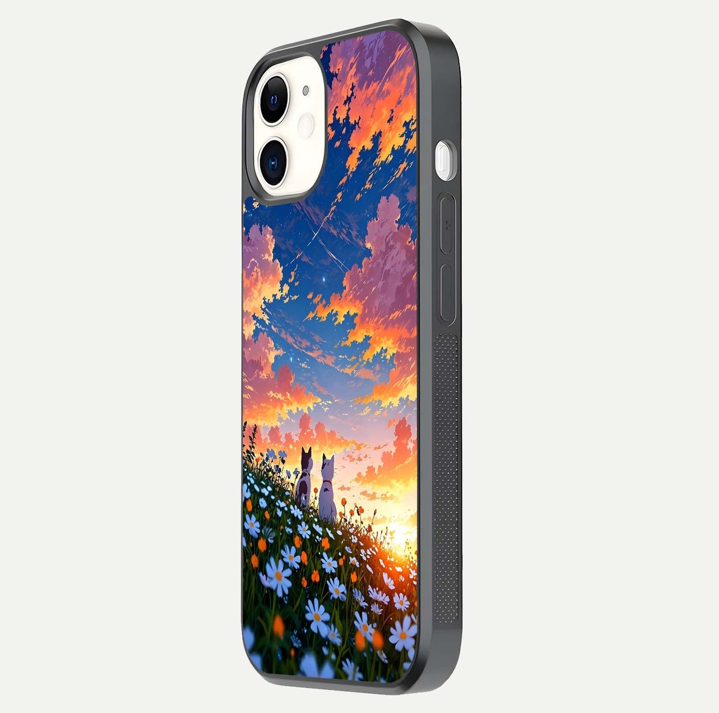 Two Cats Friends Glass Case for iphone-12 side-angle image showing reflection, gloss, and color depth