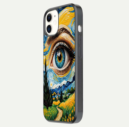 Van Gogh Eye Glass Case for iPhone 16 Pro side-angle image showing reflection, gloss, and artistic contrast