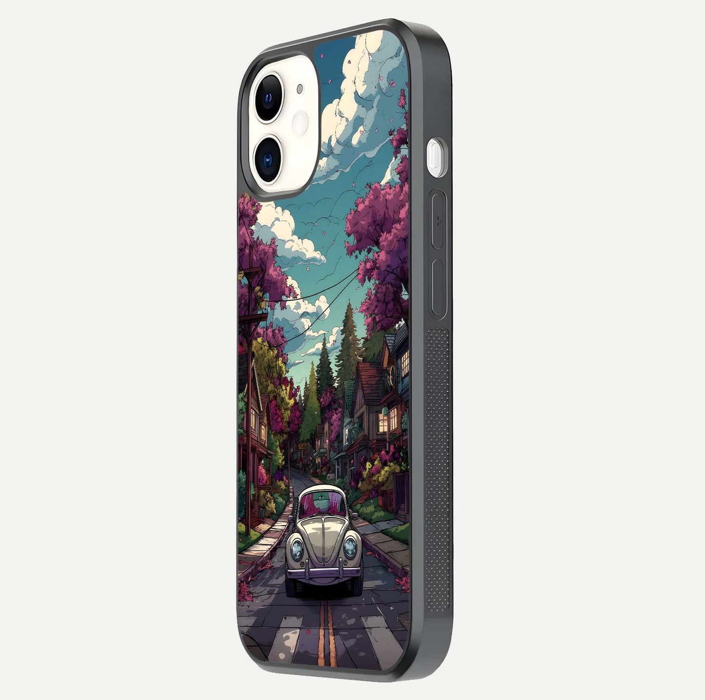 Vintage Street Drive Glass Case for iphone-12 side-angle image showing gloss reflection and design detail