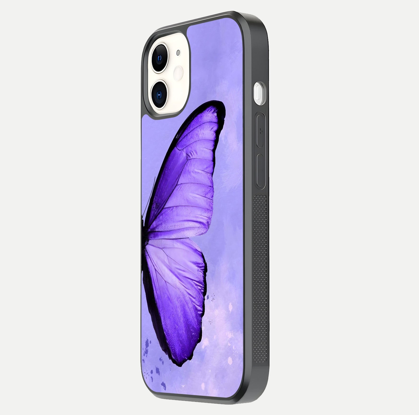 Violet Dream Wing Glass Case for iphone-12 side-angle image showing gloss, shine, and violet gradient