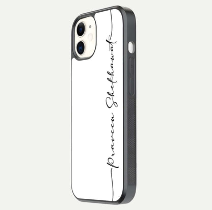 White Tune Custom Name Glass Case for iPhone 12 Mini side-angle image showing shine, gloss, and minimal tone