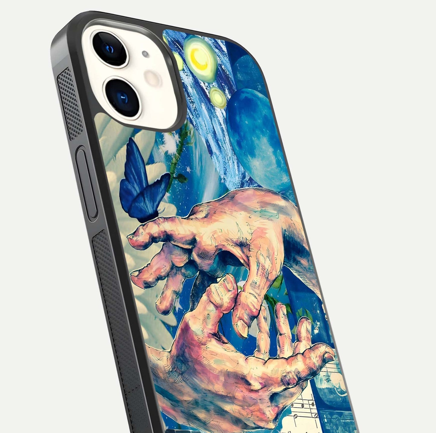 Aesthetic Divider Glass Case for iPhone 12 Mini close-up angled shot showing detailed divider artwork and gloss reflection
