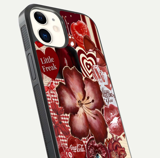 Aesthetic Little Freak Glass Case for iphone-12 close-up angled shot showing detailed artwork, bold design, and gloss reflection