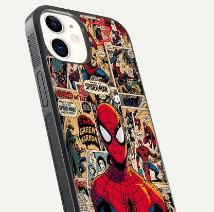 Aesthetic Spider Man Glass Case for iPhone 16 Pro close-up angled shot showing detailed Spider-Man artwork and gloss reflection