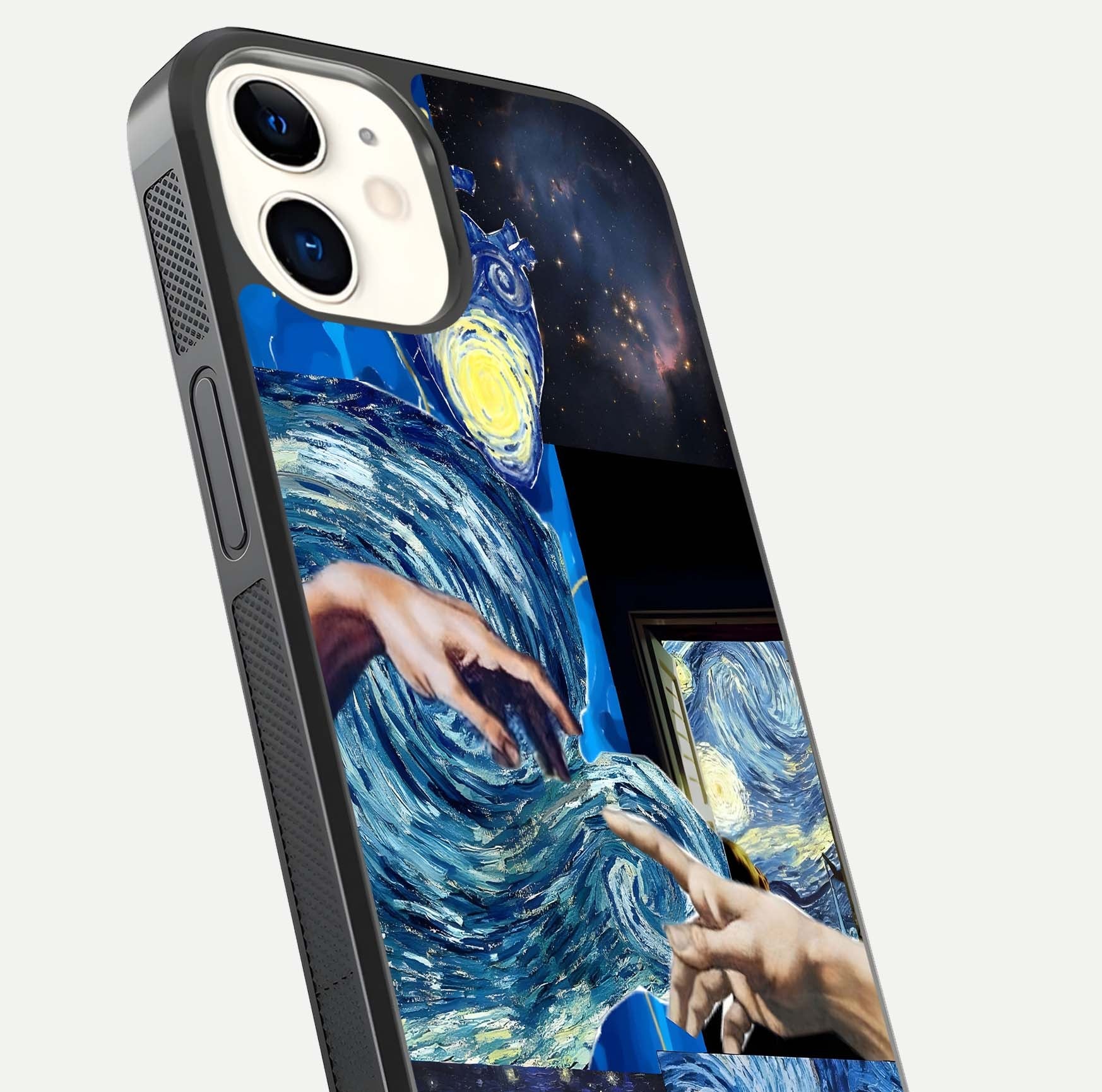Aesthetic Vando Hands Glass Case for iPhone 16 Pro close-up angle showing fine detailing of hand artwork and glass reflection