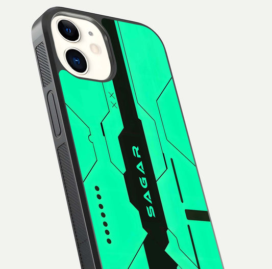 Aqua Tech CYBERPUNK Custom Name Glass Case for iphone-12 close-up angle showing futuristic blue lights and reflections