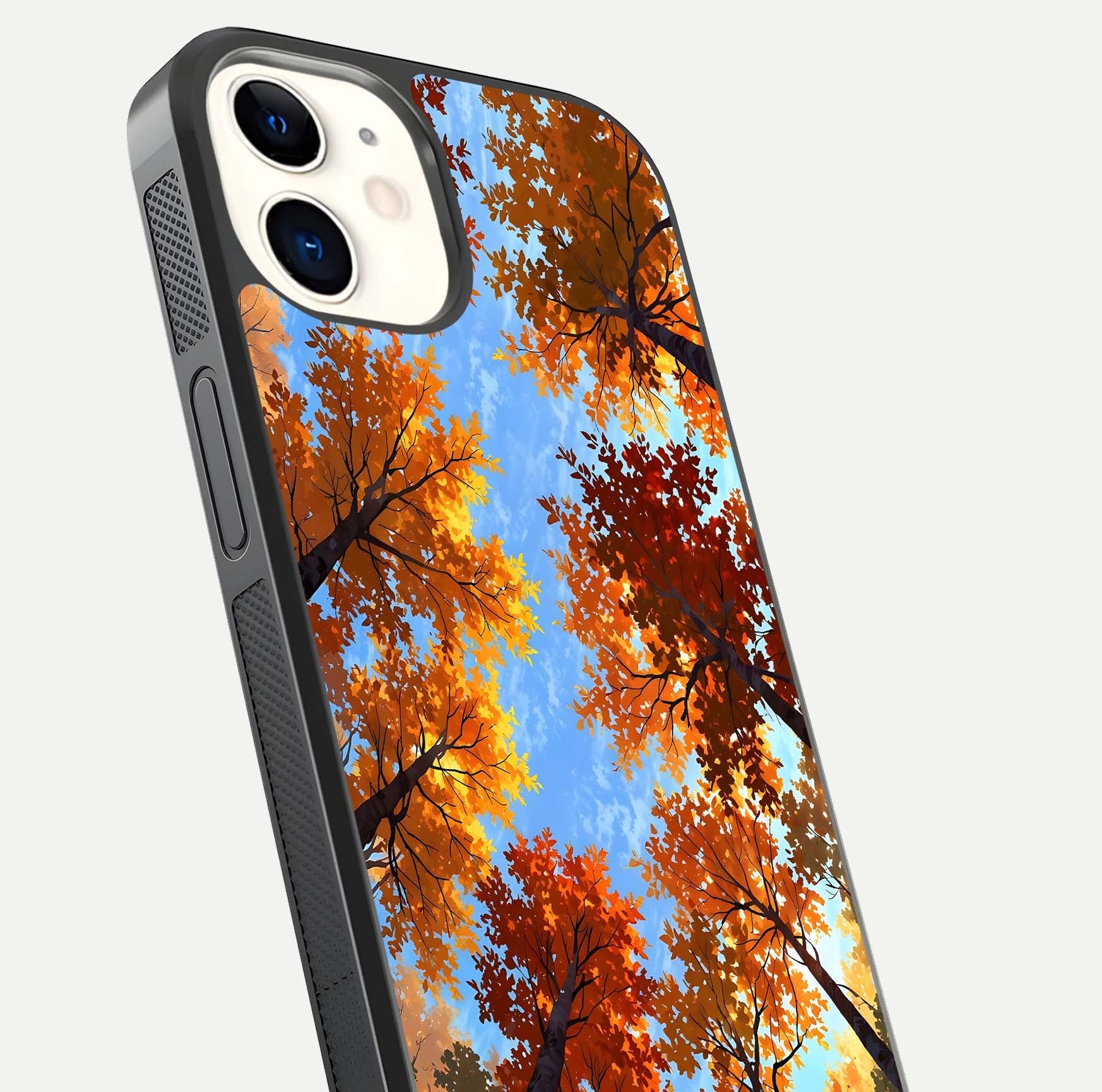 Autumn Sky Rise Glass Case for iphone-12 close-up shot of autumn tone details and HD shine reflection