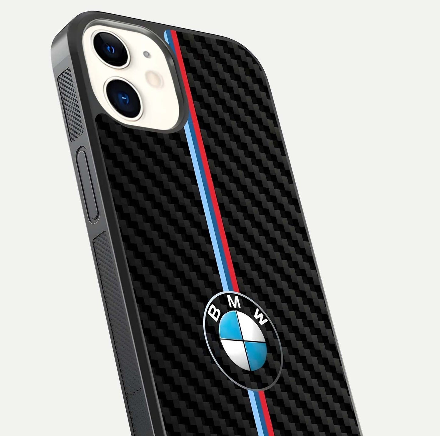 BMW Pattern Glass Case for iphone-12 close-up angle showing BMW logo detailing and high-reflect gloss texture