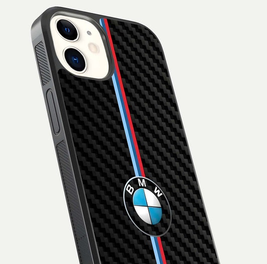 BMW Pattern Glass Case for iphone-12 close-up angle showing BMW logo detailing and high-reflect gloss texture