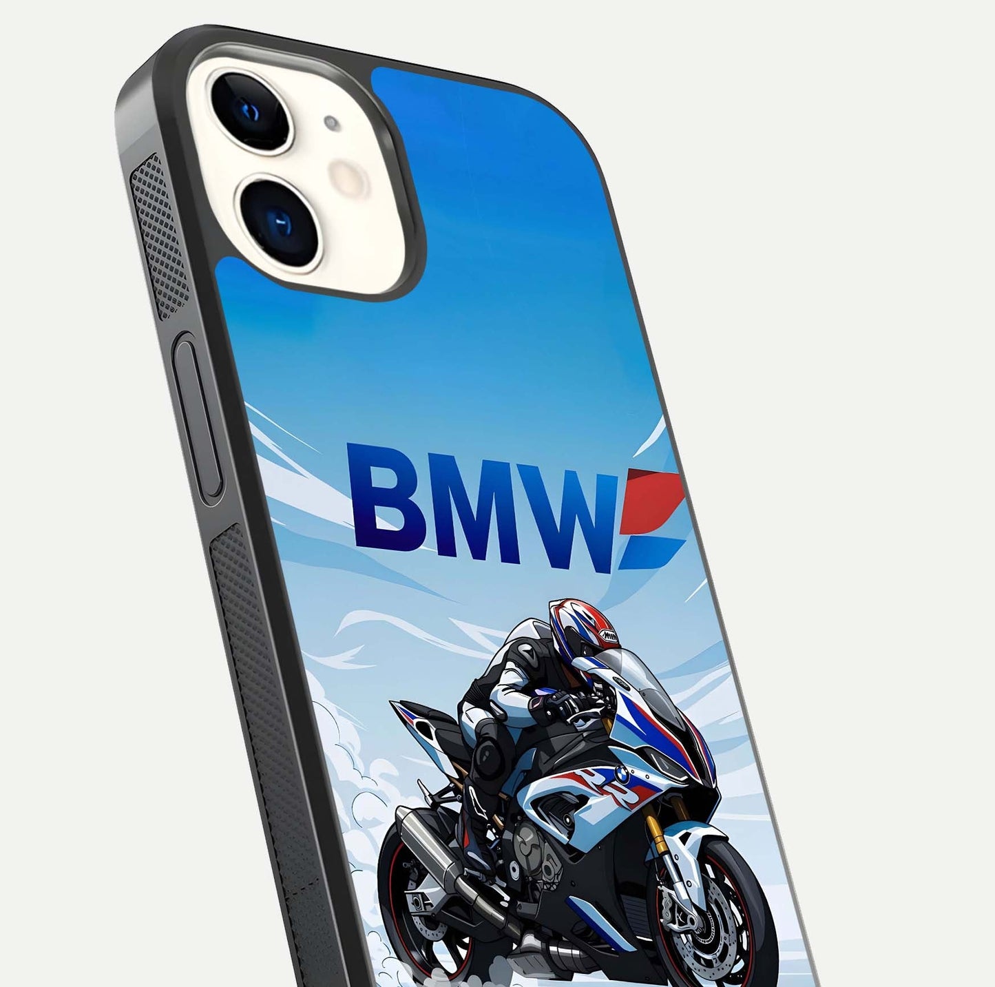 BMW Power Drift Glass Case for iphone-12 close-up view highlighting motion streaks and gloss shine