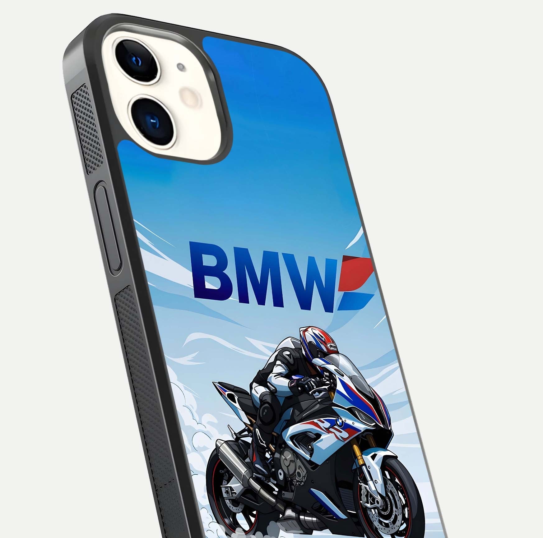 BMW Power Drift Glass Case for iphone-12 close-up view highlighting motion streaks and gloss shine