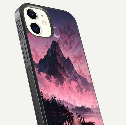 Beautyful Mountain View Glass Case for iphone-12 close-up angle highlighting landscape details and shine