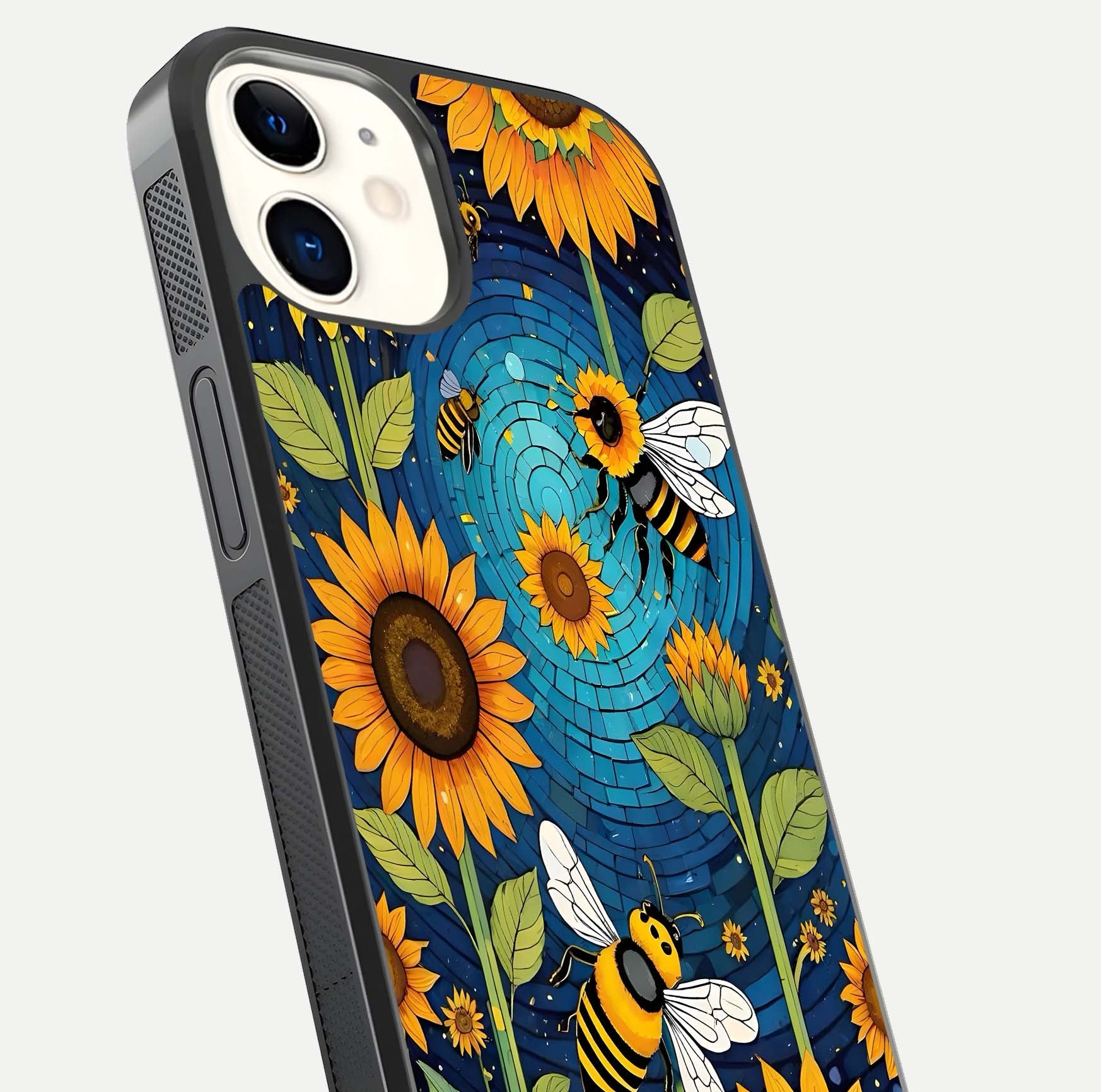 Bees & Sunflowers Glass Case for iPhone 16 Pro close-up angled shot showing detailed petals, bee prints, and glass reflection